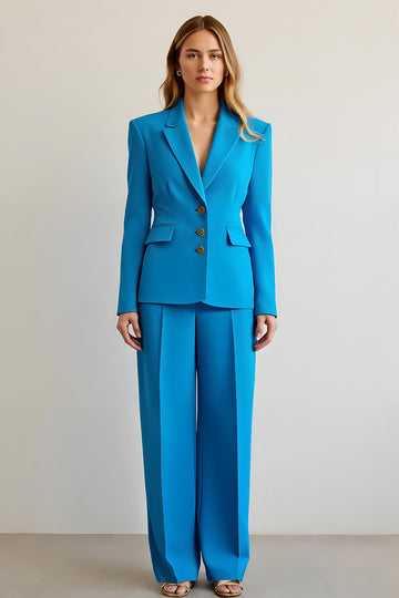Bleu 2 Pièce Cranté Revers Satin Femmes Bal Costumes